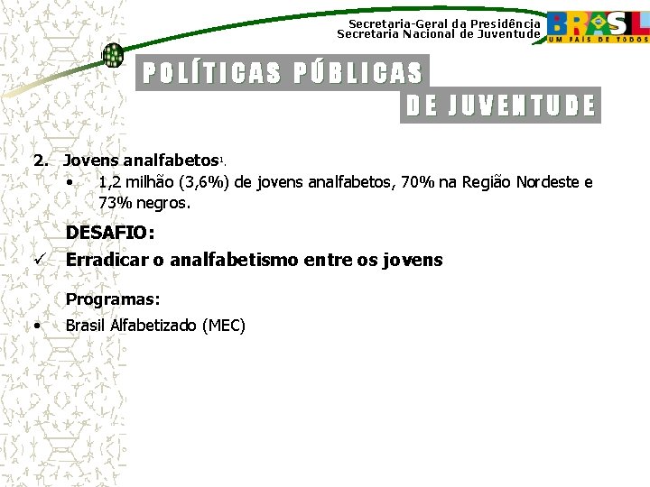 Secretaria-Geral da Presidência Secretaria Nacional de Juventude POLÍTICAS PÚBLICAS DE JUVENTUDE 2. Jovens analfabetos