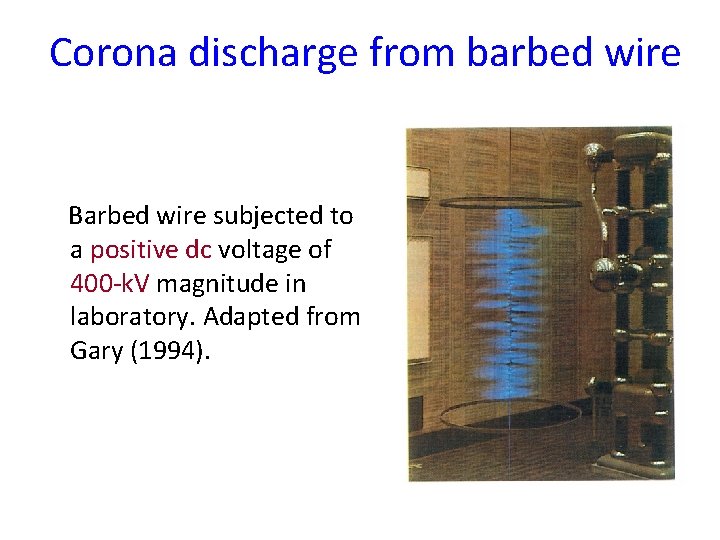 Corona discharge from barbed wire Barbed wire subjected to a positive dc voltage of