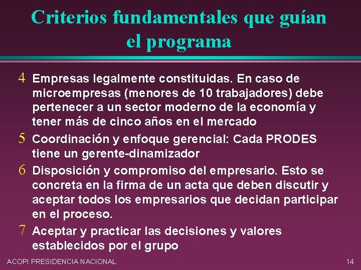 Criterios fundamentales que guían el programa 4 Empresas legalmente constituidas. En caso de 5