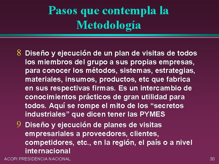 Pasos que contempla la Metodología 8 Diseño y ejecución de un plan de visitas