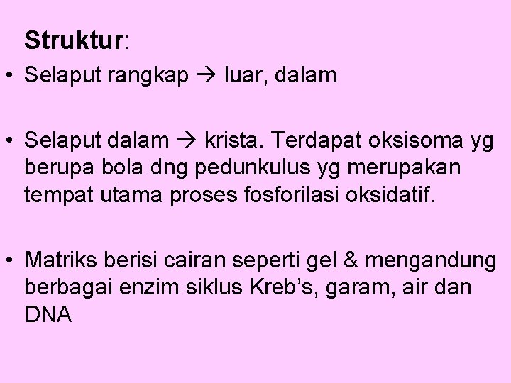 Struktur: • Selaput rangkap luar, dalam • Selaput dalam krista. Terdapat oksisoma yg berupa