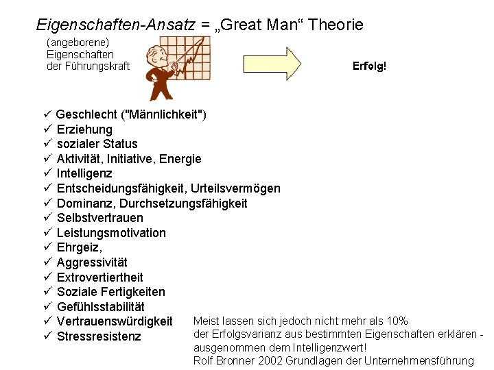 Eigenschaften-Ansatz = „Great Man“ Theorie ü Geschlecht ("Männlichkeit") ü Erziehung ü sozialer Status ü