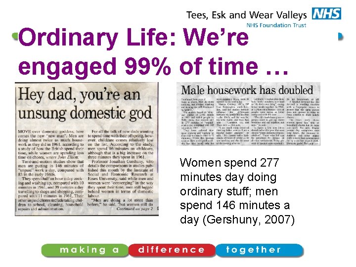 Ordinary Life: We’re engaged 99% of time … Women spend 277 minutes day doing