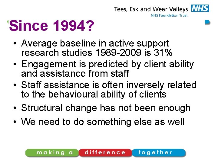 Since 1994? • Average baseline in active support research studies 1989 -2009 is 31%