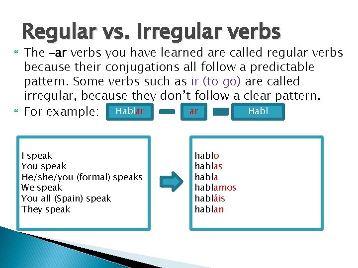 Regular vs. Irregular verbs The –ar verbs you have learned are called regular verbs