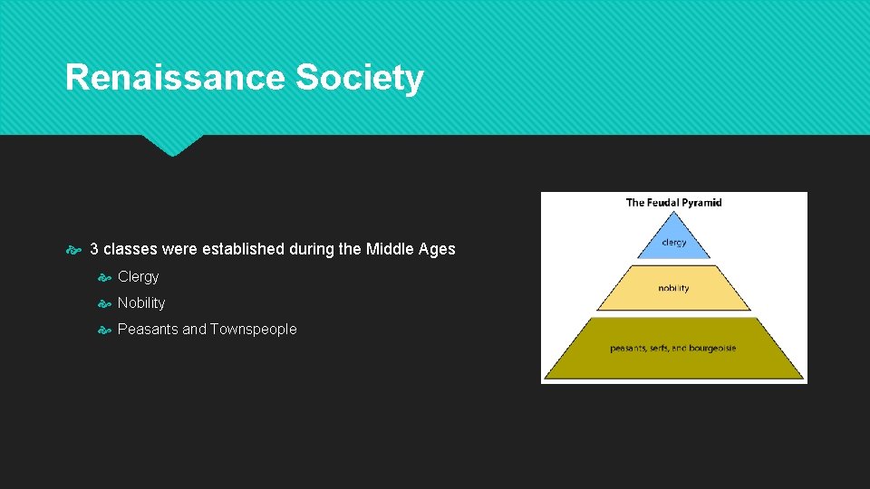 Renaissance Society 3 classes were established during the Middle Ages Clergy Nobility Peasants and