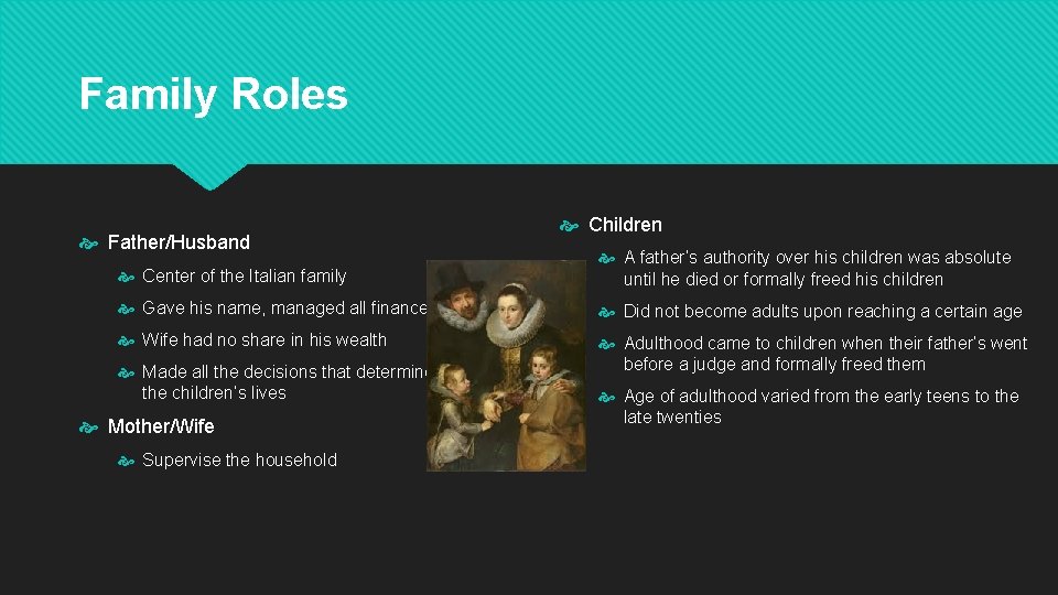 Family Roles Father/Husband Children Center of the Italian family A father’s authority over his
