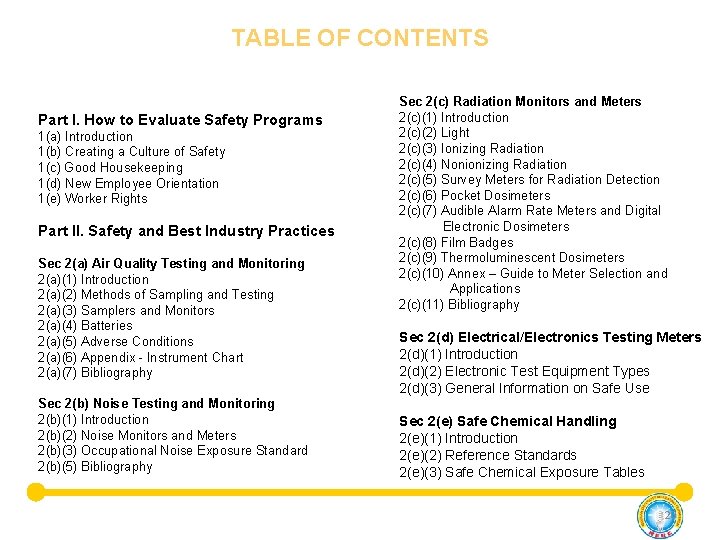 TABLE OF CONTENTS Part I. How to Evaluate Safety Programs 1(a) Introduction 1(b) Creating