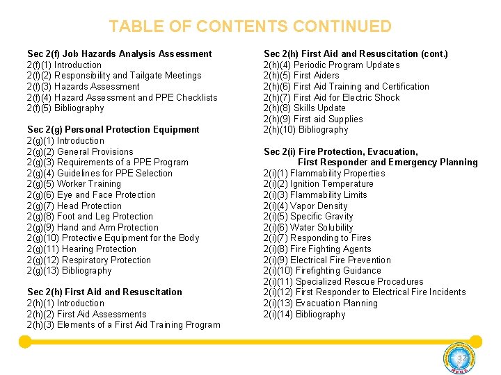 TABLE OF CONTENTS CONTINUED Sec 2(f) Job Hazards Analysis Assessment 2(f)(1) Introduction 2(f)(2) Responsibility