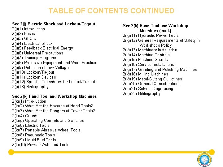 TABLE OF CONTENTS CONTINUED Sec 2(j) Electric Shock and Lockout/Tagout 2(j)(1) Introduction 2(j)(2) Fuses