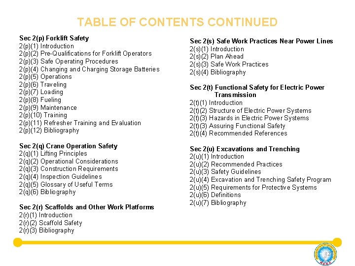 TABLE OF CONTENTS CONTINUED Sec 2(p) Forklift Safety 2(p)(1) Introduction 2(p)(2) Pre-Qualifications for Forklift