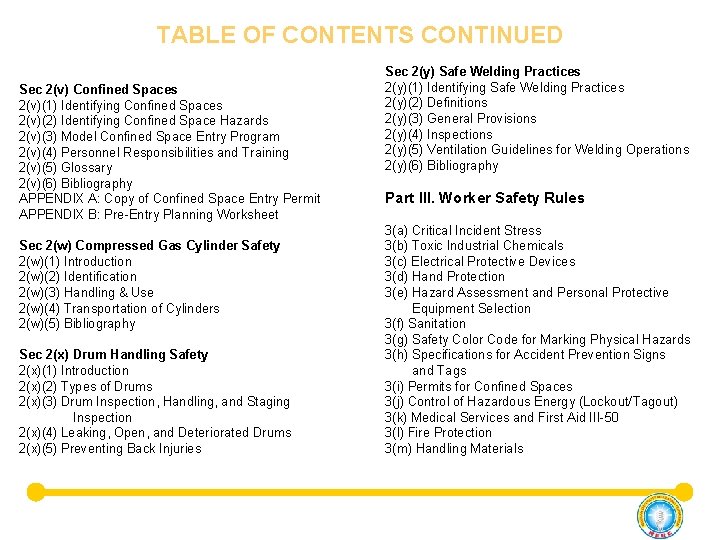 TABLE OF CONTENTS CONTINUED Sec 2(v) Confined Spaces 2(v)(1) Identifying Confined Spaces 2(v)(2) Identifying