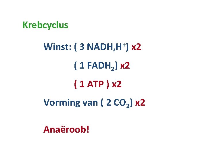 Krebcyclus Winst: ( 3 NADH, H+) x 2 ( 1 FADH 2) x 2