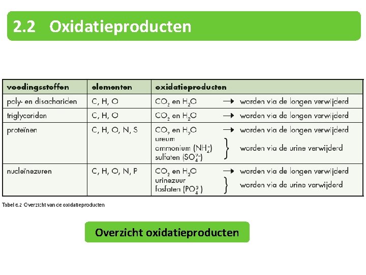 2. 2 Oxidatieproducten Overzicht oxidatieproducten 