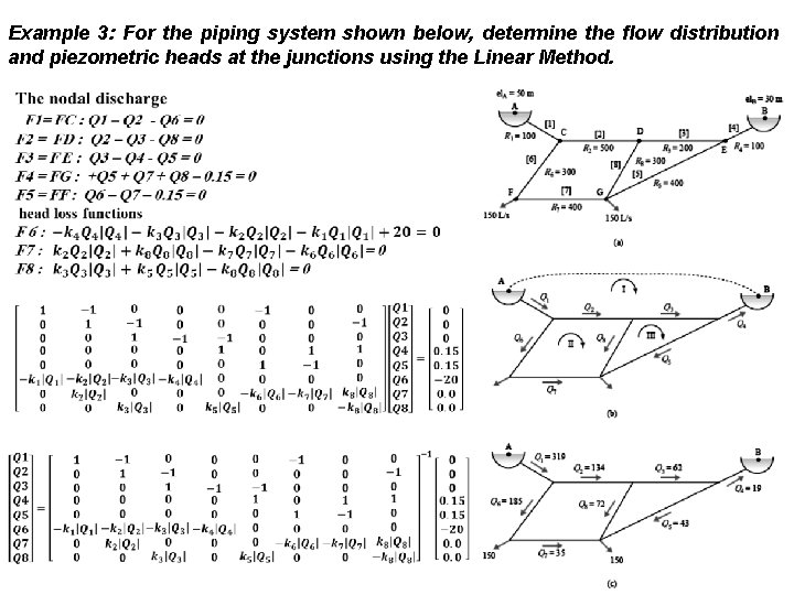 Example 3: For the piping system shown below, determine the flow distribution and piezometric