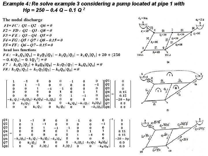 Example 4: Re solve example 3 considering a pump located at pipe 1 with