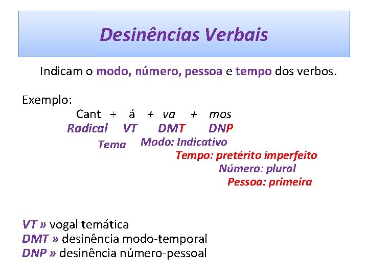 Desinências Verbais Indicam o modo, número, pessoa e tempo dos verbos. Exemplo: Cant +