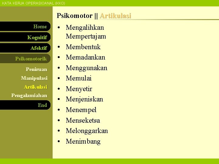 KATA KERJA OPERASIOANAL (KKO) Psikomotor || Artikulasi Home Kognitif Afektif Psikomotorik Peniruan Manipulasi Artikulasi