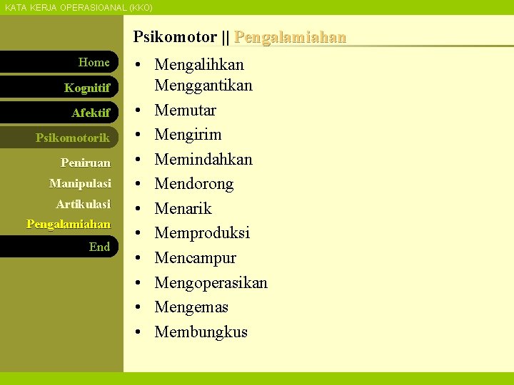 KATA KERJA OPERASIOANAL (KKO) Psikomotor || Pengalamiahan Home Kognitif Afektif Psikomotorik Peniruan Manipulasi Artikulasi