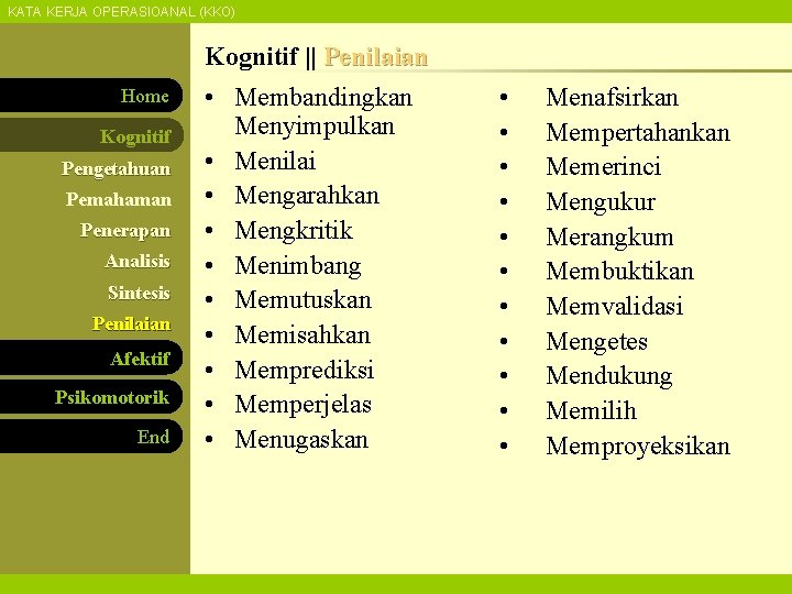 KATA KERJA OPERASIOANAL (KKO) Kognitif || Penilaian Home Kognitif Pengetahuan Pemahaman Penerapan Analisis Sintesis