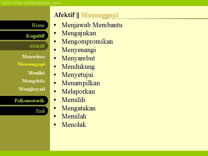 KATA KERJA OPERASIOANAL (KKO) Home Kognitif Afektif Menerima Menanggapi Menilai Mengelola Menghayati Psikomotorik End