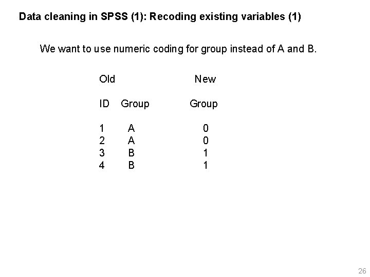 Data cleaning in SPSS (1): Recoding existing variables (1) We want to use numeric