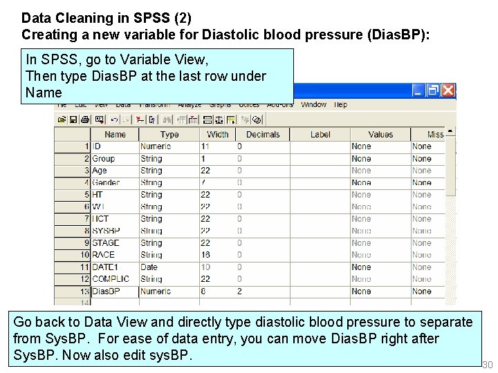 Data Cleaning in SPSS (2) Creating a new variable for Diastolic blood pressure (Dias.