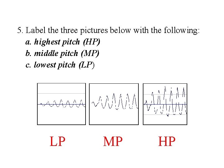 5. Label the three pictures below with the following: a. highest pitch (HP) b. 5. Label the three pictures below with the following: a. highest pitch (HP) b.