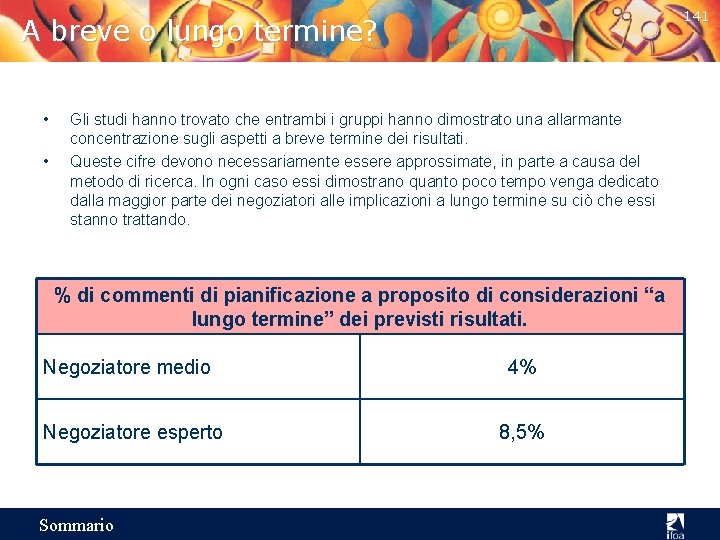 141 A breve o lungo termine? • • Gli studi hanno trovato che entrambi