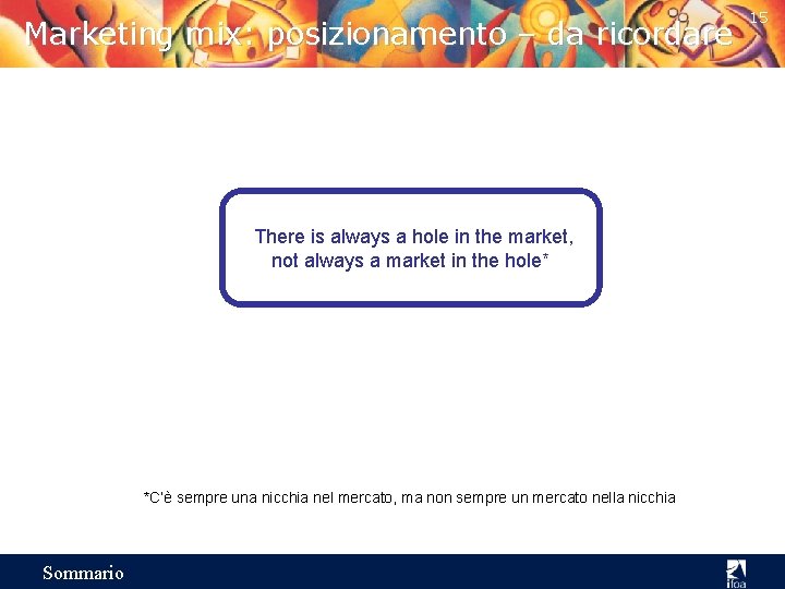 Marketing mix: posizionamento – da ricordare There is always a hole in the market,