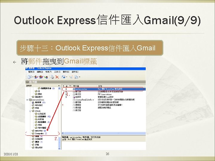 Outlook Express信件匯入Gmail(9/9) 步驟十三：Outlook Express信件匯入Gmail ß 2020/11/28 將郵件拖曳到Gmail標籤 26 