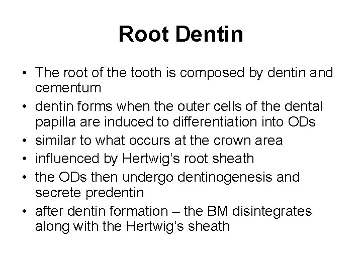 Root Dentin • The root of the tooth is composed by dentin and cementum