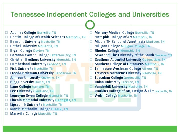 Tennessee Independent Colleges and Universities � � � � � Aquinas College Nashville, TN