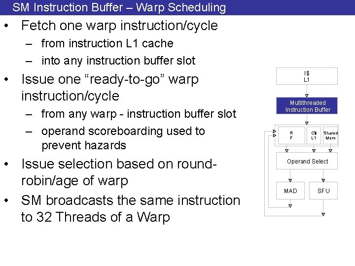 SM Instruction Buffer – Warp Scheduling • Fetch one warp instruction/cycle – from instruction