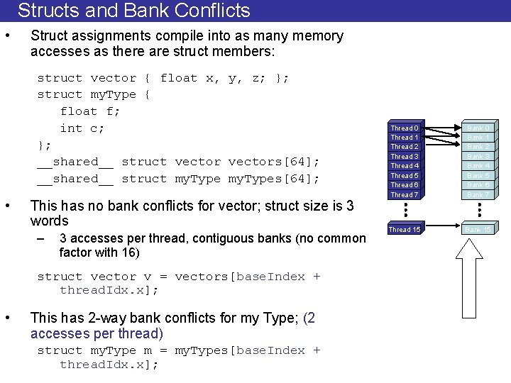 Structs and Bank Conflicts • Struct assignments compile into as many memory accesses as