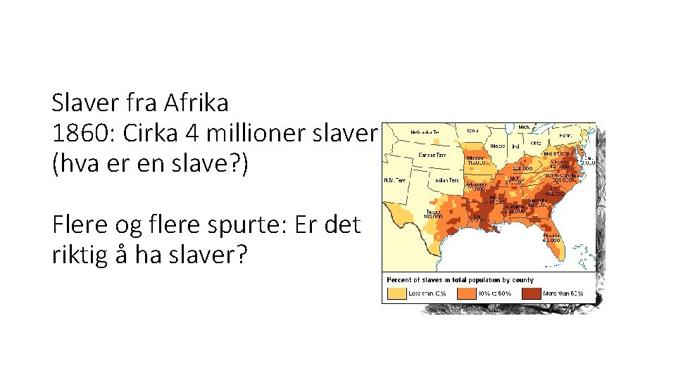 Slaver fra Afrika 1860: Cirka 4 millioner slaver (hva er en slave? ) Flere