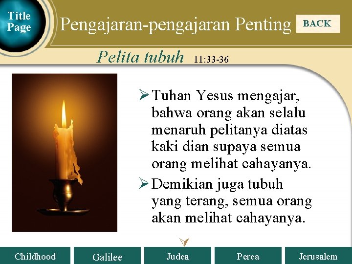 Title Page Pengajaran-pengajaran Penting Pelita tubuh BACK 11: 33 -36 Ø Tuhan Yesus mengajar, Title Page Pengajaran-pengajaran Penting Pelita tubuh BACK 11: 33 -36 Ø Tuhan Yesus mengajar,
