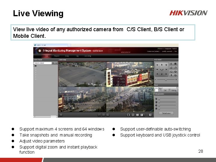 Live Viewing View live video of any authorized camera from C/S Client, B/S Client