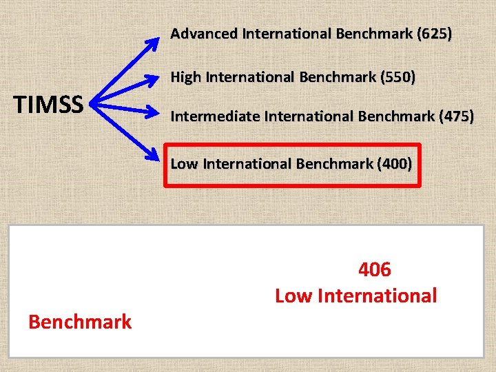 Advanced International Benchmark (625) TIMSS High International Benchmark (550) Intermediate International Benchmark (475) Low