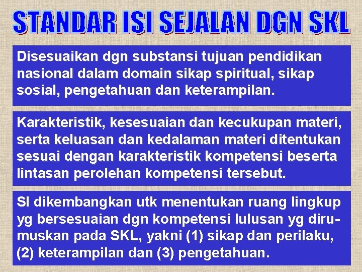 Disesuaikan dgn substansi tujuan pendidikan nasional dalam domain sikap spiritual, sikap sosial, pengetahuan dan