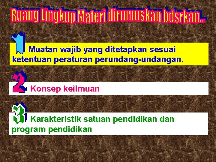 Muatan wajib yang ditetapkan sesuai ketentuan peraturan perundang-undangan. Konsep keilmuan Karakteristik satuan pendidikan dan