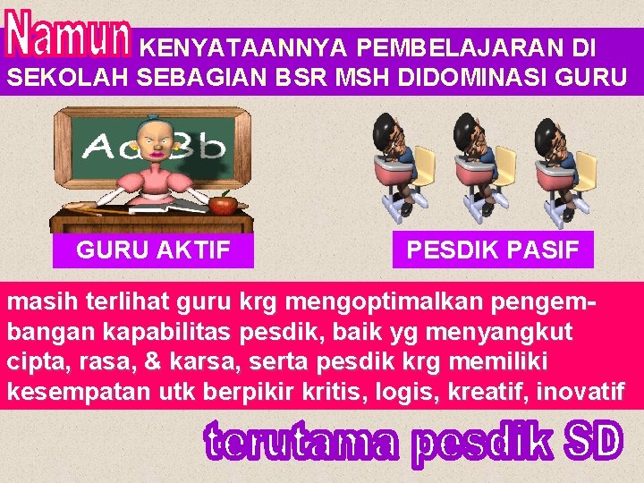 KENYATAANNYA PEMBELAJARAN DI SEKOLAH SEBAGIAN BSR MSH DIDOMINASI GURU AKTIF PESDIK PASIF masih terlihat