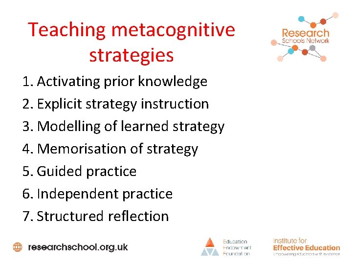 Teaching metacognitive strategies 1. Activating prior knowledge 2. Explicit strategy instruction 3. Modelling of