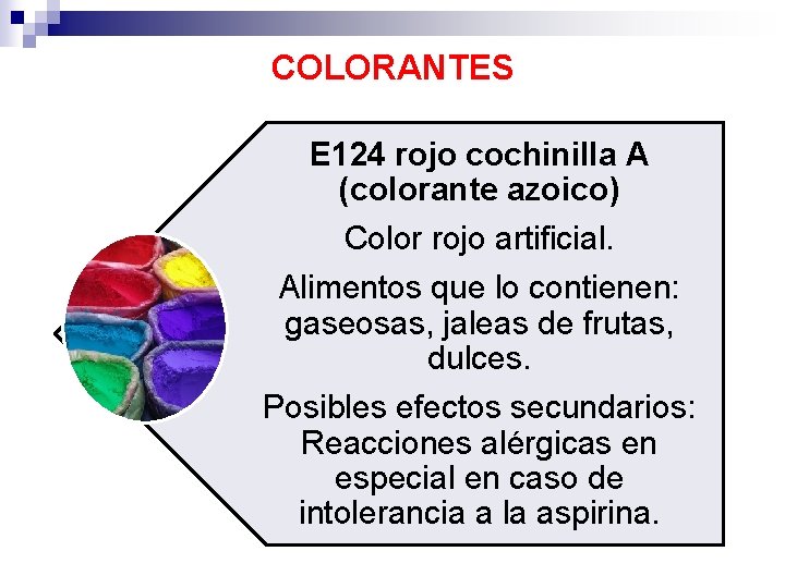 COLORANTES E 124 rojo cochinilla A (colorante azoico) Color rojo artificial. Alimentos que lo