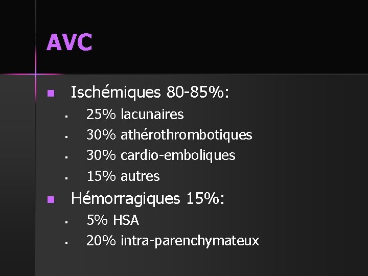 AVC Ischémiques 80 -85%: n § § 25% lacunaires 30% athérothrombotiques 30% cardio-emboliques 15%