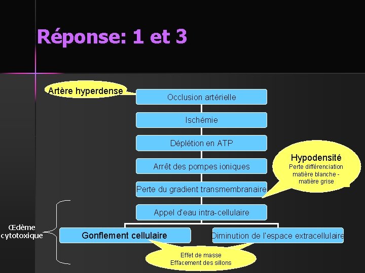 Réponse: 1 et 3 Artère hyperdense Occlusion artérielle Ischémie Déplétion en ATP Arrêt des