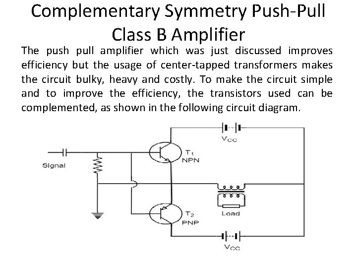 Complementary Symmetry Push-Pull Class B Amplifier The push pull amplifier which was just discussed