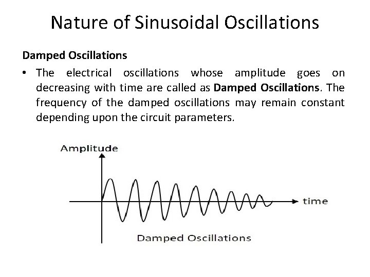 Nature of Sinusoidal Oscillations Damped Oscillations • The electrical oscillations whose amplitude goes on