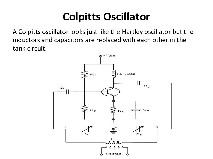 Colpitts Oscillator A Colpitts oscillator looks just like the Hartley oscillator but the inductors