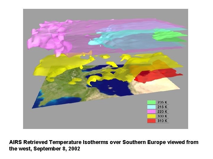 AIRS Retrieved Temperature Isotherms over Southern Europe viewed from the west, September 8, 2002